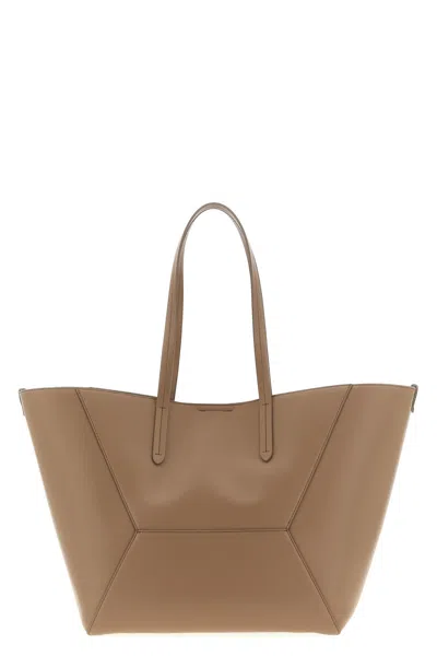 Brunello Cucinelli Beige Tote Bag With Logo Lettering On The Front And Geometric Panels Design In Leather Woman In Sand