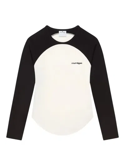 Courrèges Long-sleeved Contrast T-shirt With Rounded Hem And Logo Print In White