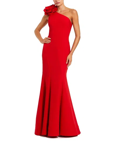 Mac Duggal Crepe One Shoulder Mermaid Gown With 3d Flower In Red