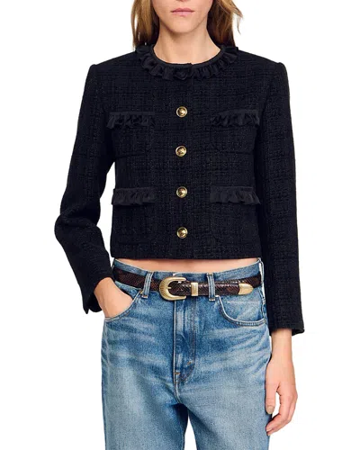 Sandro Ruffled Tweed Jacket In Blue