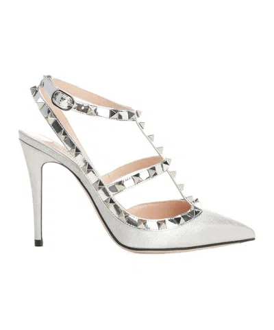 Valentino Garavani Rockstud Pumps In Glitter Fabric 100mm Woman Silver 41.5 In Silver