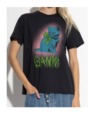 Ganni Neon Kitty Organic Cotton T-shirt In Black