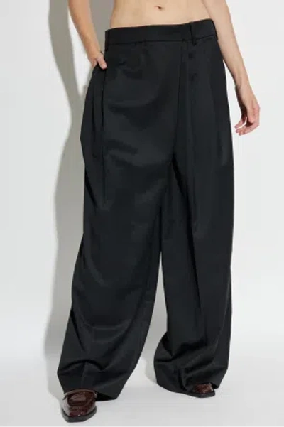 Ganni Womens Black Pleated Wide-leg Wool Trousers In Black