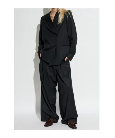 Ganni Womens Black Pleated Wide-leg Wool Trousers In Black