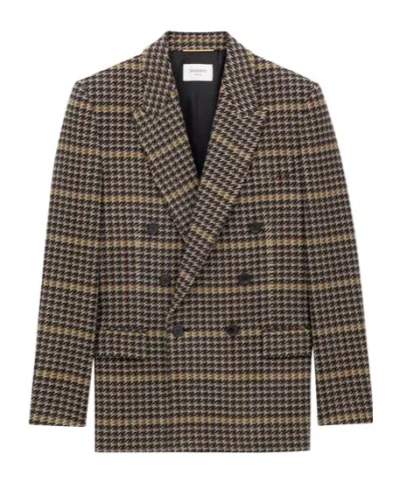 Saint Laurent Brown Double-breasted Jacket With Notched Revers And All-over Check Motif In Wool Woman