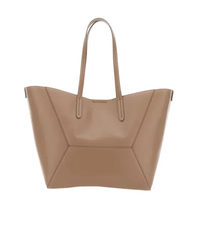 Brunello Cucinelli Beige Tote Bag With Logo Lettering On The Front And Geometric Panels Design In Leather Woman In Brown