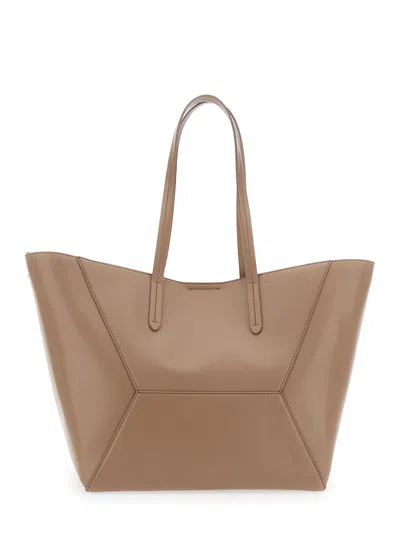 Brunello Cucinelli Beige Tote Bag With Logo Lettering On The Front And Geometric Panels Design In Leather Woman In Brown