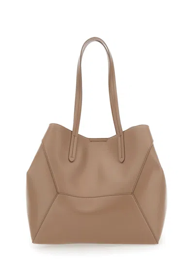 Brunello Cucinelli Beige Tote Bag With Logo Lettering On The Front And Geometric Panels Design In Leather Woman In Brown
