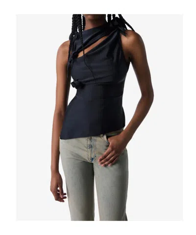 Coperni Black Asymmetric Sleeveless Top With Floral Detail And Cut-out On The Front In Black