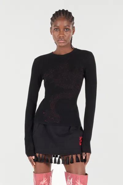 Roberto Cavalli Micro-openwork Sweater With Dragon In Black