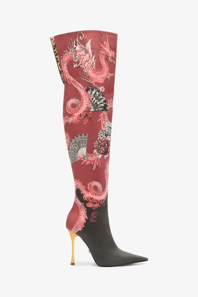 Roberto Cavalli Knee-high Boots With Dragon Print In Multi