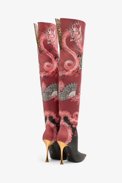 Roberto Cavalli Knee-high Boots With Dragon Print In Multi