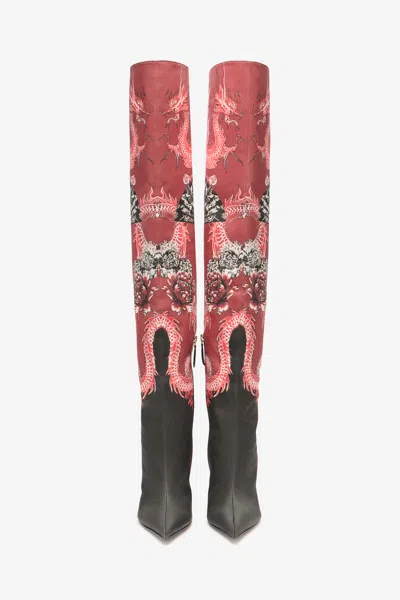 Roberto Cavalli Knee-high Boots With Dragon Print In Multi