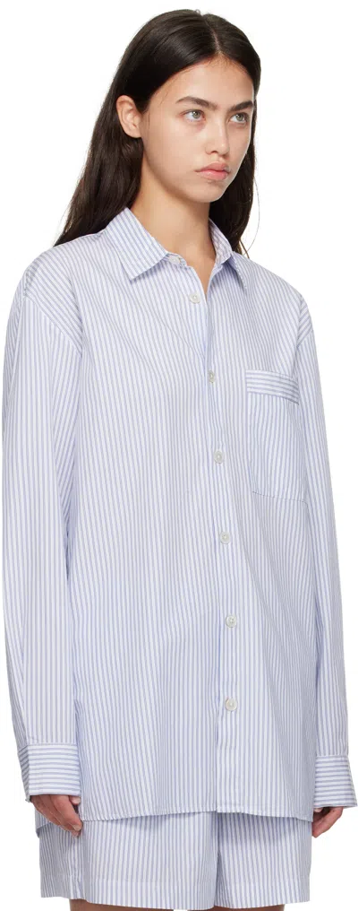 Tekla White & Blue Poplin Long-sleeved Pyjama Shirt In Blue