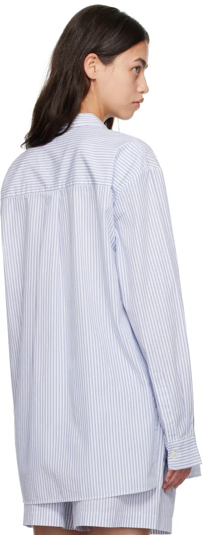 Tekla White & Blue Poplin Long-sleeved Pyjama Shirt In Blue