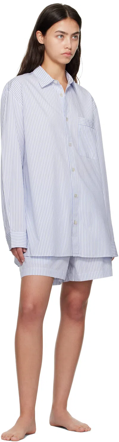 Tekla White & Blue Poplin Long-sleeved Pyjama Shirt In Blue