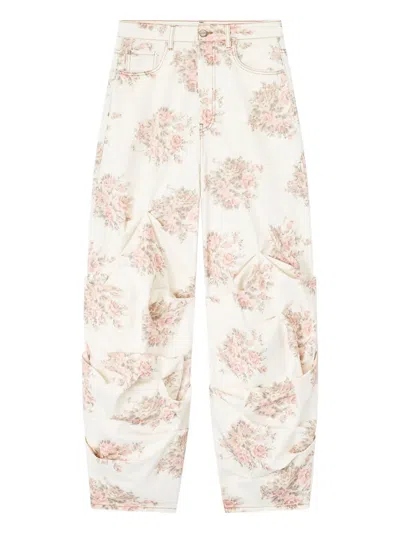 Ganni Floral-print Gathered Jeans In White