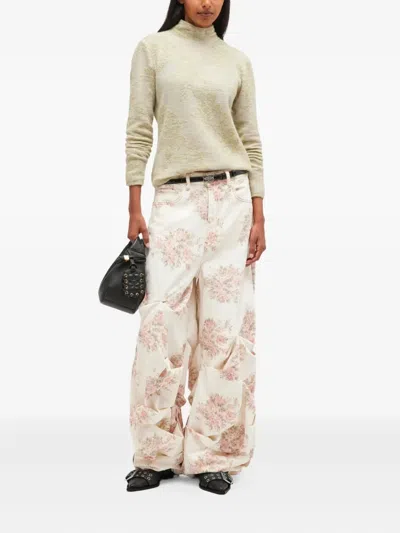 Ganni Floral-print Gathered Jeans In White