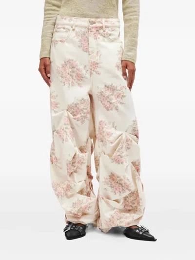 Ganni Floral-print Gathered Jeans In White