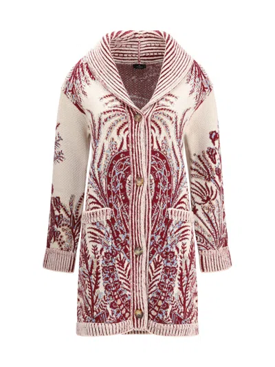 Etro , Wool And Cotton Jacquard Maxi Cardigan, Woman, Burgundy, Size 48 In Multi