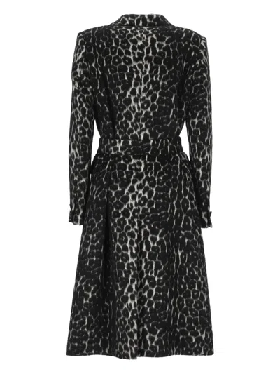 Tagliatore Long Leopard Print Coat With Belted Waist In Black