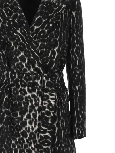 Tagliatore Long Leopard Print Coat With Belted Waist In Black