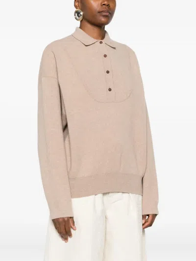 Jacquemus Polo Collar Knitwear With Ribbed Cuffs And Hem In Neutral