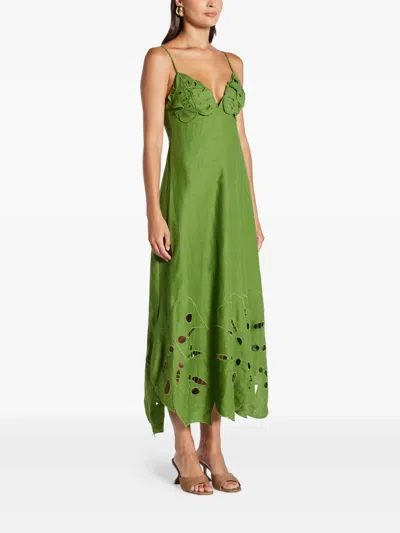 Farm Rio Green Monstera Embroidered Euroflax Premium Linen Midi Dress
