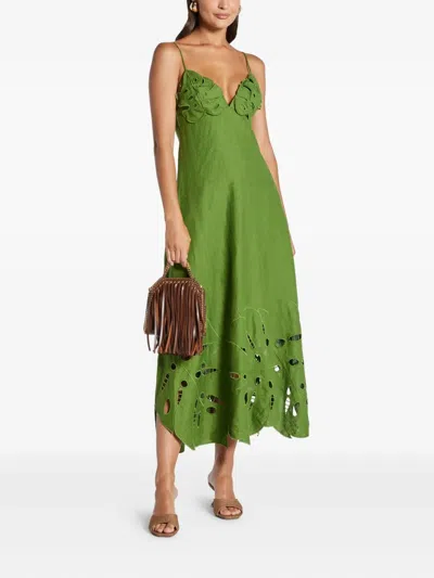 Farm Rio Green Monstera Embroidered Euroflax Premium Linen Midi Dress