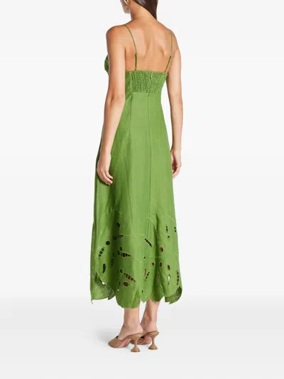 Farm Rio Green Monstera Embroidered Euroflax Premium Linen Midi Dress