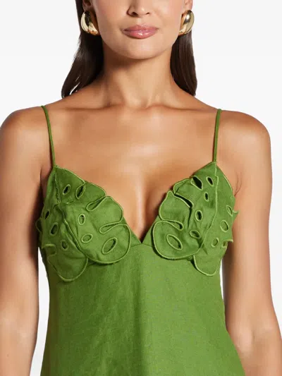Farm Rio Green Monstera Embroidered Euroflax Premium Linen Midi Dress