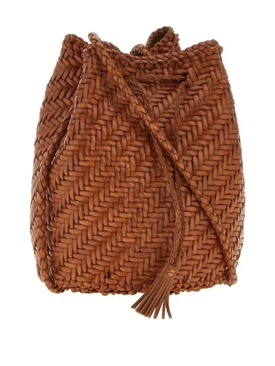 Dragon Diffusion Pompom Double Jump Leather Bucket Bag In Brown