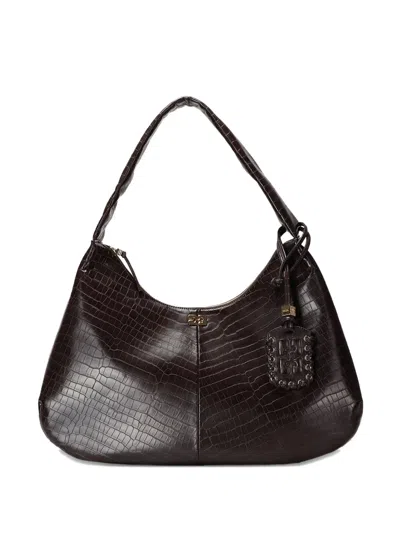 Ganni Medium Crocodile-embossed Shoulder Bag In Brown