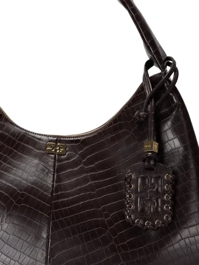 Ganni Medium Crocodile-embossed Shoulder Bag In Brown