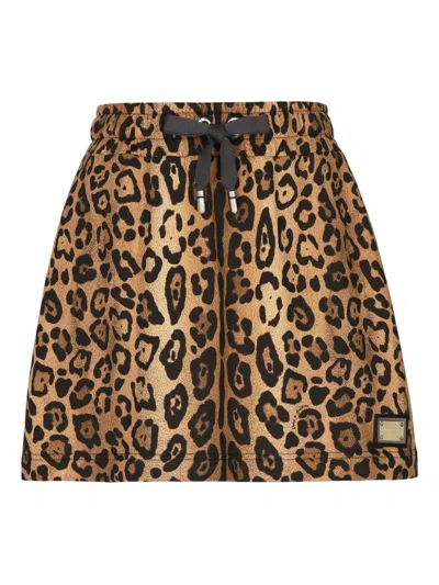 Dolce & Gabbana Leopard-print Drawstring Mini Skirt In Brown