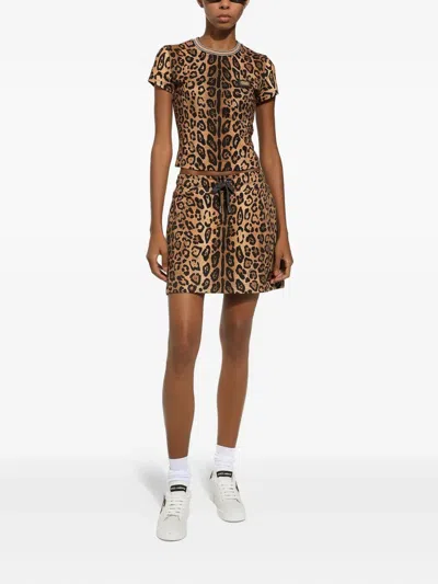 Dolce & Gabbana Leopard-print Drawstring Mini Skirt In Brown