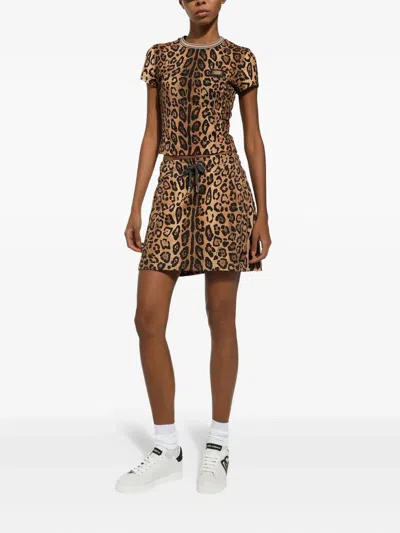Dolce & Gabbana Leopard-print Drawstring Mini Skirt In Brown