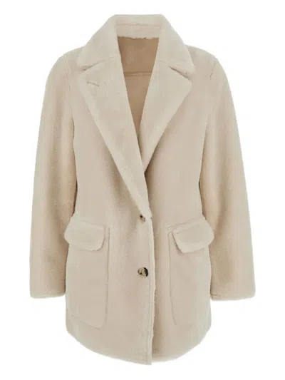 Urbancode White Single-breasted Jacket With Classic Lapels In Faux Fur Woman In Neutral