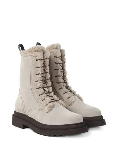 Brunello Cucinelli Women Gray Suede Boots With Shiny Loop Detail In Multi