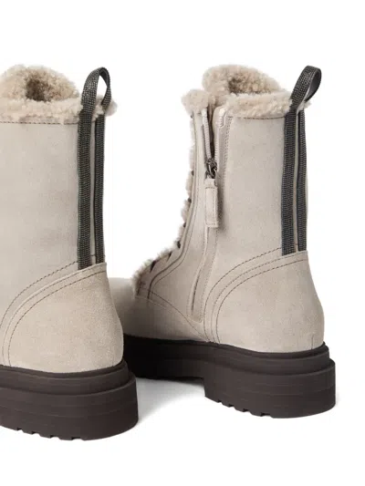 Brunello Cucinelli Women Gray Suede Boots With Shiny Loop Detail In Multi