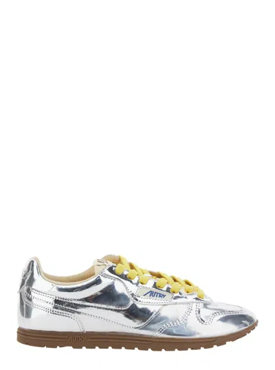 Autry Front Lace Sneakers In Bright Yellow And Shiny Silver In Gray