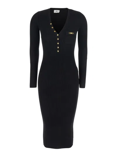 Elisabetta Franchi Black V-neck Dress With Logo Plaque On The Front In Fabric Woman In Black