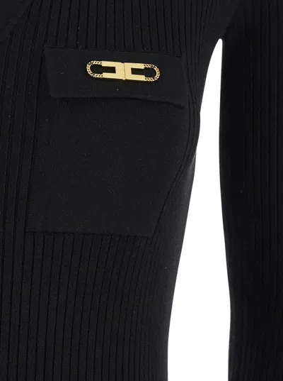 Elisabetta Franchi Black V-neck Dress With Logo Plaque On The Front In Fabric Woman In Black