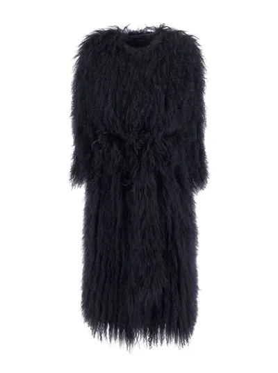 Numero Otto Black Fur Coat With Round Neck And Long Sleeves In Fur Woman In Blue