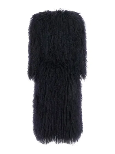 Numero Otto Black Fur Coat With Round Neck And Long Sleeves In Fur Woman In Blue