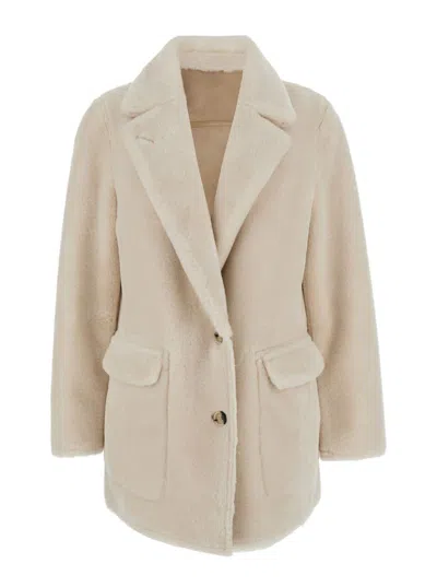 Urbancode White Single-breasted Jacket With Classic Lapels In Faux Fur Woman In Neutral