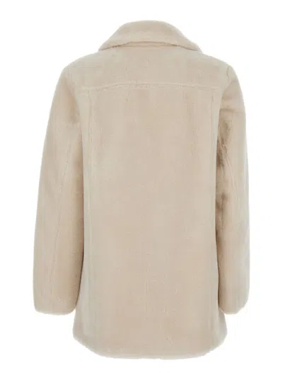Urbancode White Single-breasted Jacket With Classic Lapels In Faux Fur Woman In Neutral