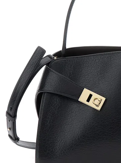 Ferragamo Hug Black Shoulder Bag With Logo Print On The Front In Leather Woman In Multi