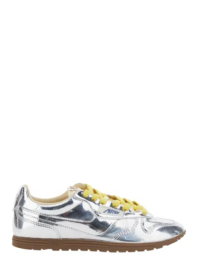Autry Front Lace Sneakers In Bright Yellow And Shiny Silver In Gray