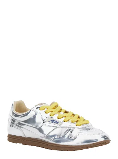 Autry Front Lace Sneakers In Bright Yellow And Shiny Silver In Gray